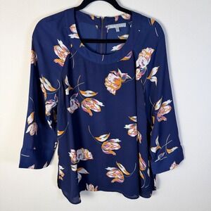 Daniel Rainn Womens L Navy Floral 3/4 Sleeve Blouse Feminine Cottage Boho